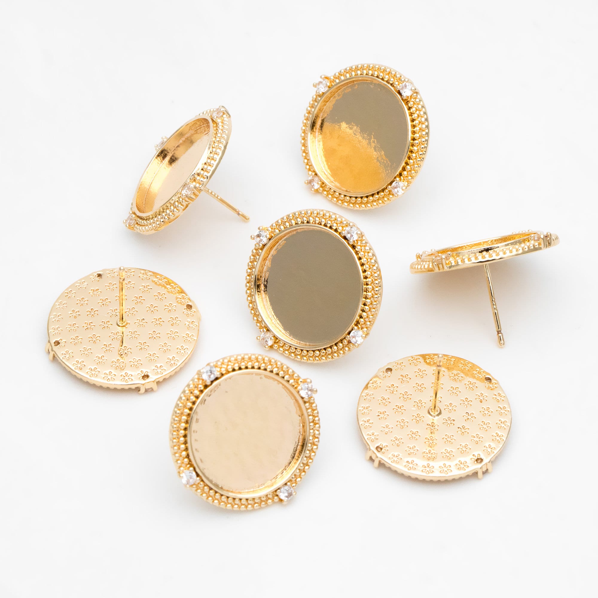 4pcs CZ Pave Gold Blank Base Tray Cabochon Earring Setting, Gold plated Brass Bezel Cabochon Ear Post (GB-3411)